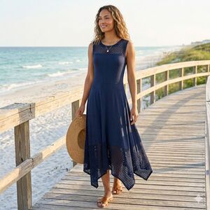 Laser Cut Mesh Boho Maxi Dress Liquid Drape Handkerchief Hem Spense S Navy Blue